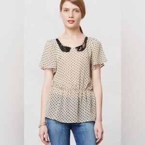 Anthropologie Blouse B VINTAGE Dots GRETA Lace Inset Collar Lined Peplum NWT
